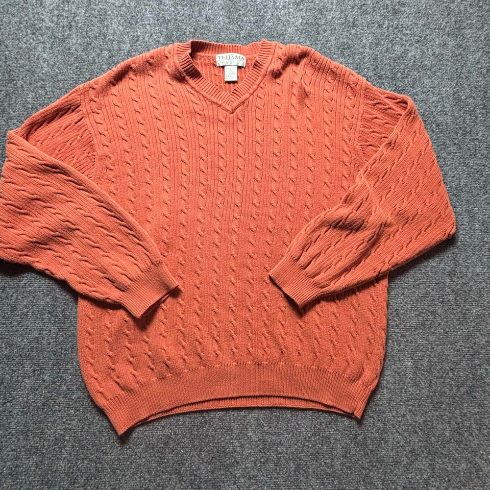 Tehama Clint Mens L Burnt Orange Cable Knit V-Neck 100% Combed Cotton Sweater